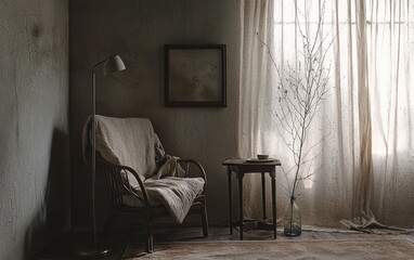 A dimly lit room features a weathered armchair draped with a blanket, a small side table, and sheer curtains at a window. Soft, muted light filters through the curtains, creating a tranquil, slightly