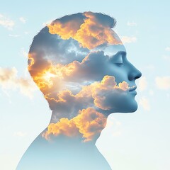 A silhouette with clouds representing thoughts.