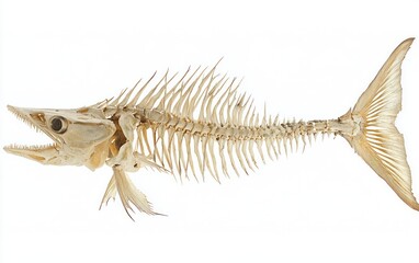 Obraz premium Detailed close-up of a fish skeleton, showcasing intricate bone structure against a white background. The skeleton is light beige with subtle brown variations, showing fine details of the vertebrae