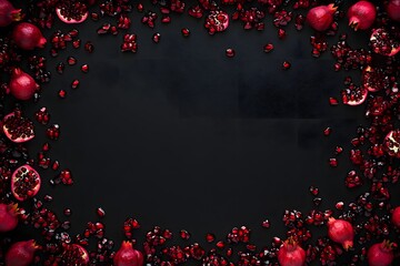 Juicy Pomegranate Seeds Frame, Dark Background