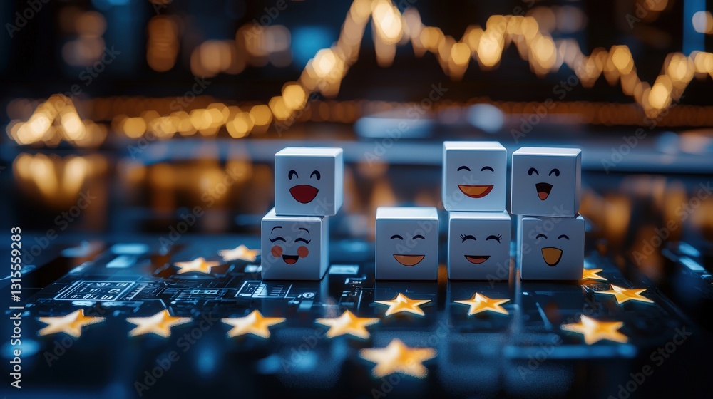 Wall mural minimal concept of customer feedback ranking, cube blocks with different facial emotions beside star