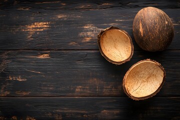 Coconut Shells on Dark Wood Table