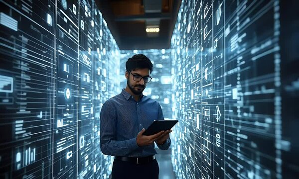 A person interacting with digital data in a futuristic environment.
