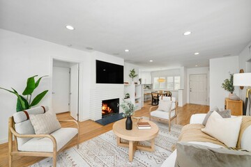 Elegant living room with a fireplace and outdoor access.