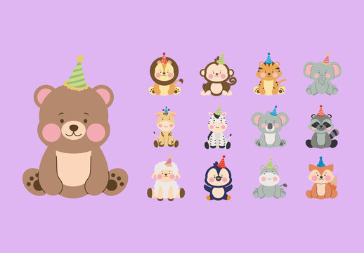 Colorful Cute Party Animals Birthday Icons Set