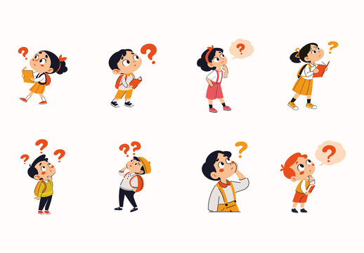 Colorful Confused School Kid Education Icons Set