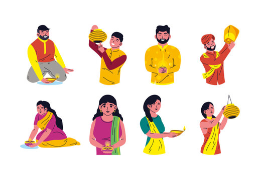Colorful Diwali Festival Illustration Design Set