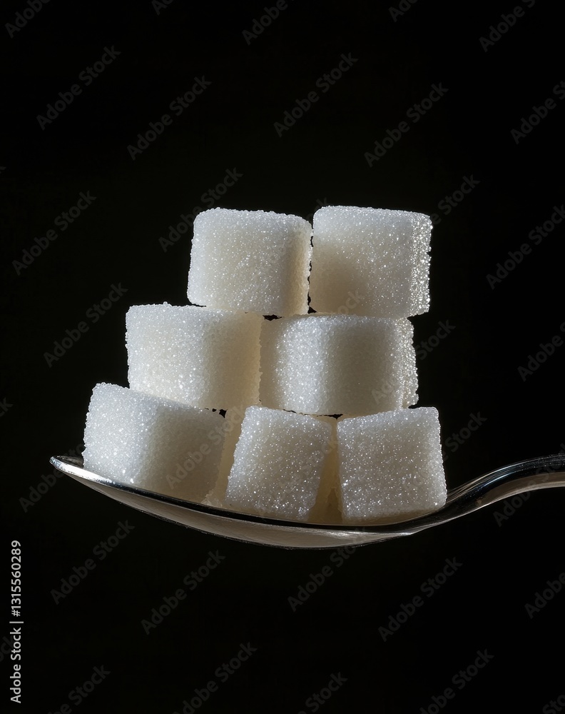 Poster sugar cubes stacked on a spoon against a dark background highlighting the texture and shine of the c