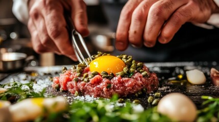 Chef meticulously prepares classic steak tartare with fresh ingredients for gourmet dish