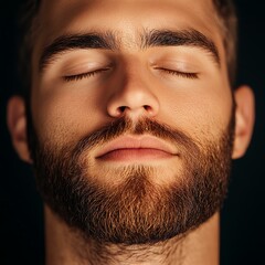 Obraz premium Calm man meditating with closed eyes and beard.