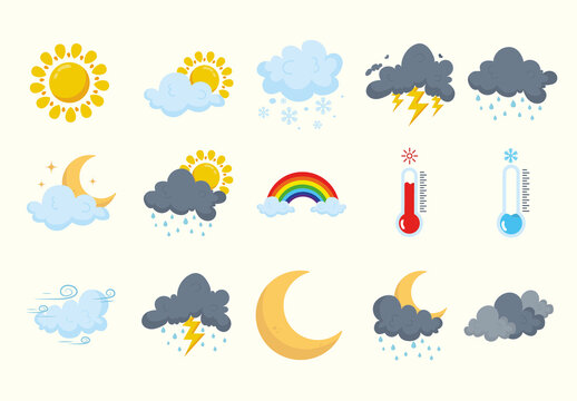Colorful Weather Forecast Climate Icons Set