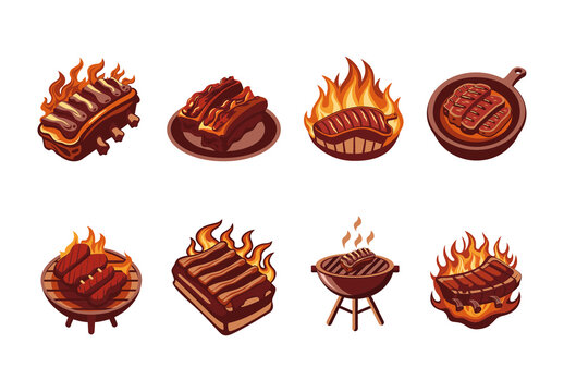 Colorful BBQ Grilled Ribs Food Icons Set