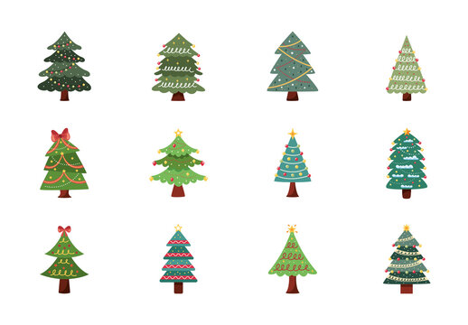 Green Christmas Holiday Tree Illustration Set