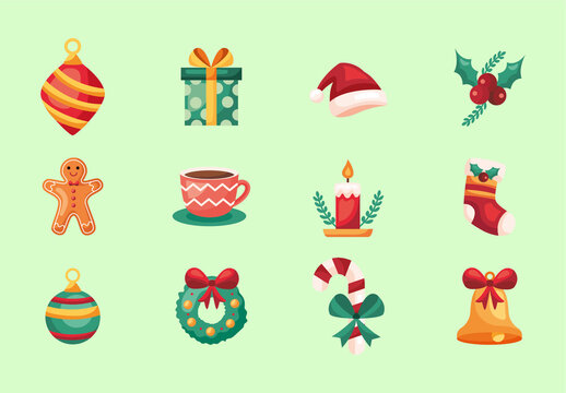 Green and Red Christmas Holiday Icons Set