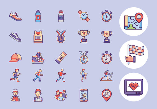 Purple and Red Running Fitness Icons Set
