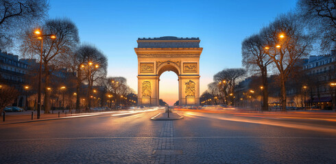 a long exposure photograph of the arc de triomphe in paris at sunset,