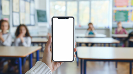 Person holding smartphone with blank screen in classroom of children, Mockup