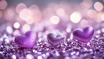 Obraz premium Purple heart decorations on glittery surface with soft bokeh background in romantic pink tones, creating dreamy Valentine's Day or wedding atmosphere.