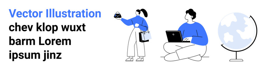 Woman holding coffee cup and clipboard, man working on laptop near globe. Ideal for education, remote work, teamwork, learning, digital tools, globalization web design. Flat landing page banner