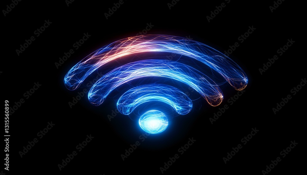 Aufkleber glowing blue wifi symbol with light trails effect on black background, modern technology concept for
