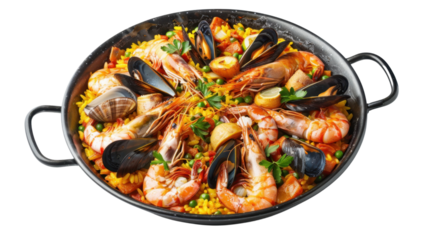 Delicious steaming hot paella with prawns, mussels, clams and lemon, isolated on transparent background