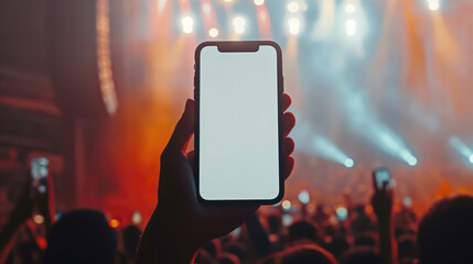Blank smartphone screen held at concert with vibrant stage lights in background, Mockup