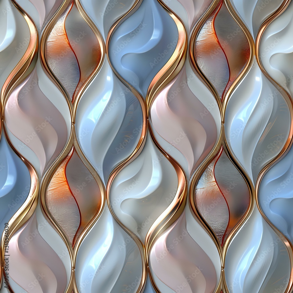 Poster luxurious wavy pattern with metallic gold trim on soft blue and peach background creates elegant sea