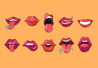 Red and Pink Mouth Pop Art Illustration Set