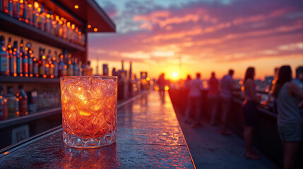 General view of a skybar at sunset with people enjoying the sunset