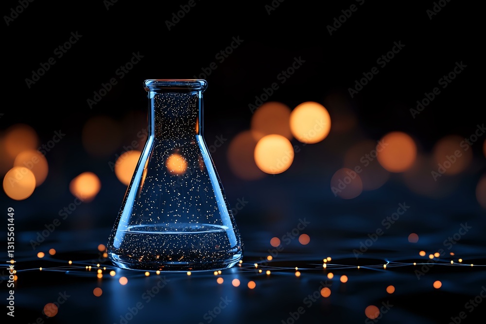 Poster laboratory glass flask with sparkling liquid against dark background with glowing bokeh lights creat