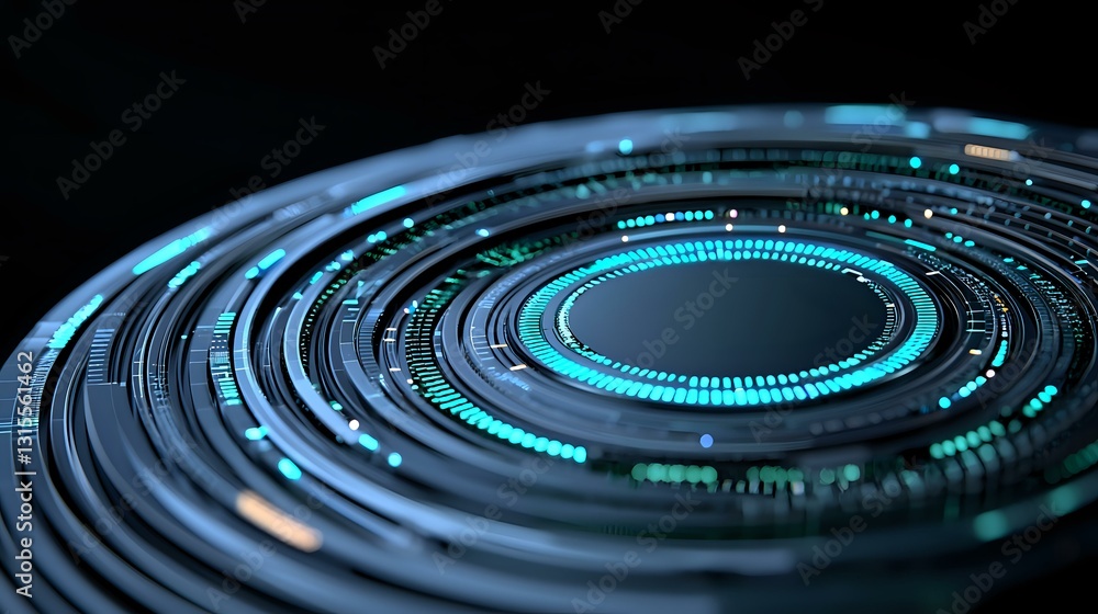 Poster futuristic circular technology interface with glowing blue elements and digital data visualization o