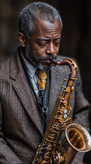 Portrait of a black male jazz saxophonist playing at a concert