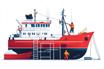 Fototapeta premium Illustration of Red Fishing Boat with Crew in Action at Sea