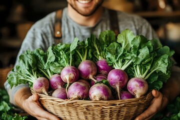 Young male farmer holding wicker basket full of fresh organic purple turnips with green tops, showcasing locally grown produce in rustic kitchen setting.