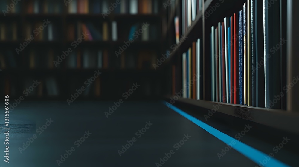 Poster dark library interior with rows of books on shelves, illuminated by mysterious blue light creating m