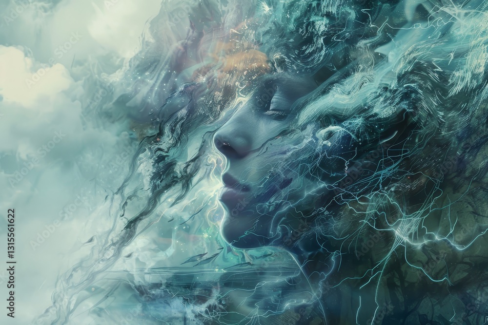 Poster a womans face is partially obscured by swirling, abstract blue patterns, creating a captivating and 