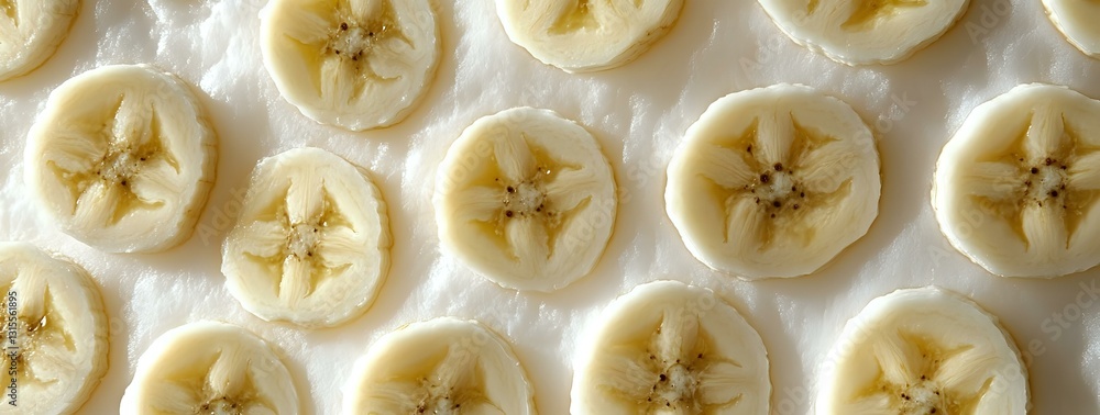 Poster fresh sliced bananas arranged in neat rows on white surface showing star pattern centers, macro food