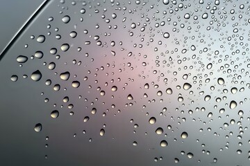Water drops on glass surface with soft pink and gray gradient background create atmospheric mood and texture for creative design projects.