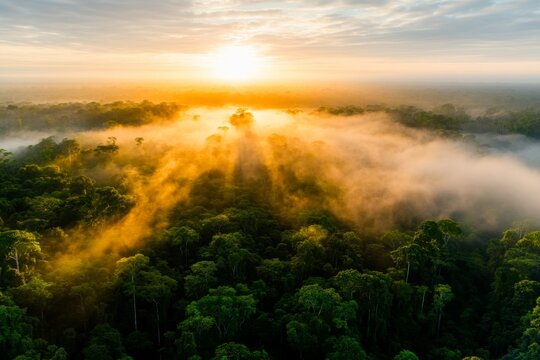 A bird-eye view of clouds rolling over a dense forest, with the sunlight creating golden highlights and deep shadows