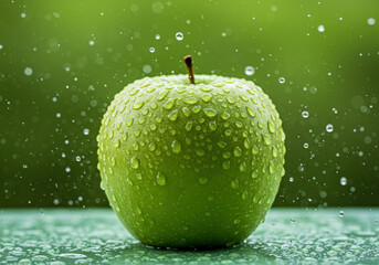 Water splashing on Fresh green apple on Green background