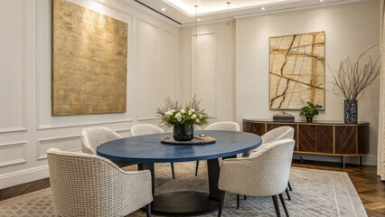 Modern dining area with a blue oval table, textured chairs, and a beige abstract painting, offering a sophisticated yet inviting aesthetic.