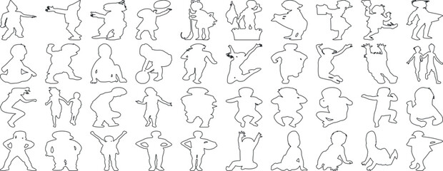 Children silhouette, kid vector set, boy, girl, kids standing, playing, walking, interacting, different poses, kids silhouette set, child activities, group of children isolated