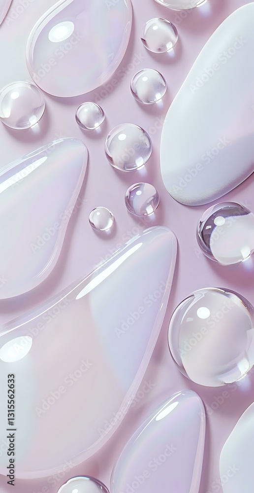 Poster clear water drops and oval shapes on soft pink background create minimalist composition with light r