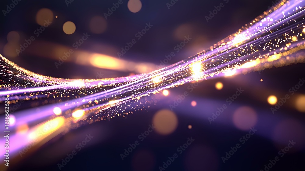 Poster glowing purple and gold light waves with sparkling particles and bokeh effects create magical atmosp