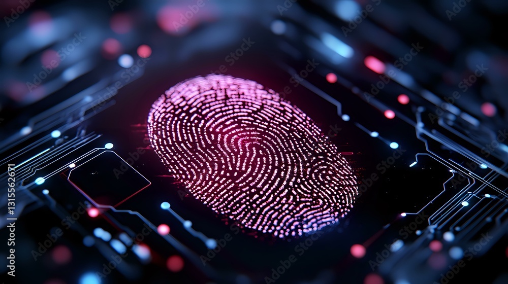 Poster glowing pink fingerprint scan on dark circuit board with digital security elements and biometric aut