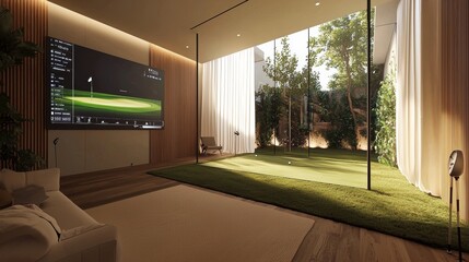 Futuristic golf swing analysis system, AI-powered sensors on walls, digital feedback display, modern interior with smooth wooden floors, clean aesthetic