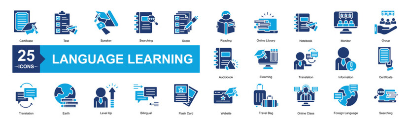 Language Learning Icon Sheet Certificate, Translation, Audiobook, Test, Speaker, Searching, Score, Reading, Online Library, Notebook, Monitor, Group © AGE