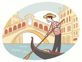 Vector illustration of a Gondolier Rowing Boat on Venice Canal