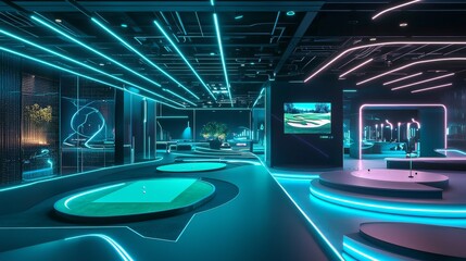 Futuristic indoor golf court with high-tech swing analyzers, holographic ball trajectory display, sleek golf clubs, neon accents, minimalist design, modern lighting