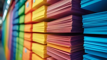 Colorful stacks of paper sheets arranged in rainbow order creating vibrant pattern. Close up view of organized office supplies showing texture and layers.